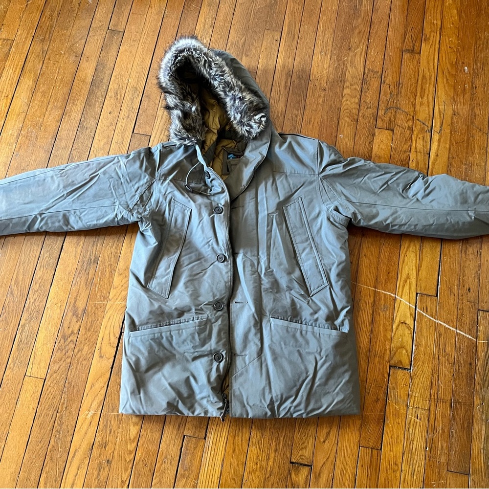 Men's Gray Hooded Parka with Faux Fur Trim